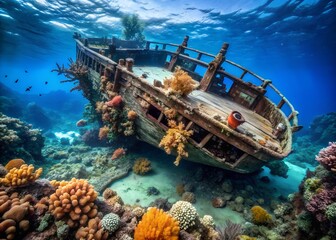 Fototapeta premium Sunken Wooden Shipwreck Covered in Coral Reefs