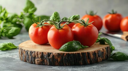 Fresh Tomatoes on Vine with Basil Leaves on Wood Slice