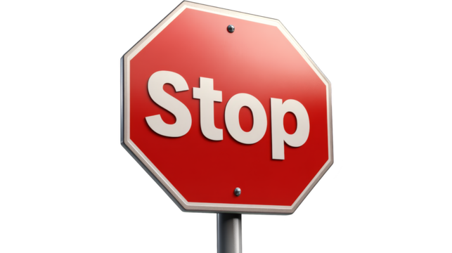 Striking red stop sign against a modern geometric square background, symbol of safety and awareness
