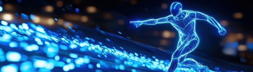 A glowing, digital figure skates through a vibrant blue landscape, embodying energy and futuristic motion.