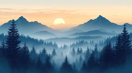 Obraz premium Clip art style mountain landscape with forest, transparent background