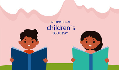 small child is reading book.  concept of reading and learning. International Literacy Day, book day.  Children education background. Book festival.Vector cartoon flat  Illustration 
