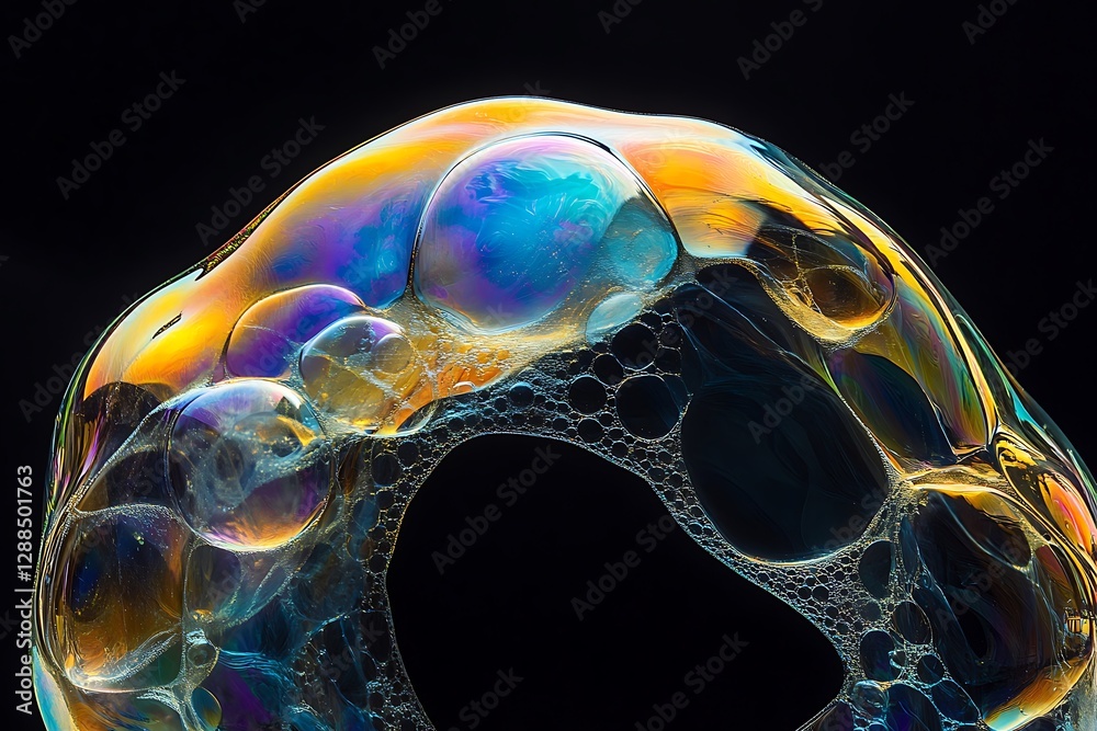 Aufkleber abstract iridescent soap bubble with smaller bubbles inside, isolated on black background.