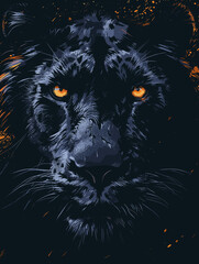 Black lion with yellow eyes. The lion is staring at the camera. The image has a dark and moody feel to it