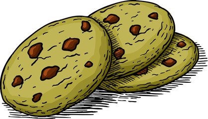 Illustration of Matcha Cookies with Chocolate Chips in Vector Art Style, Highlighting a Delicious and Soft Baked Dessert