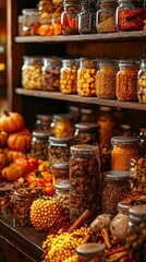 Obraz premium Beautifully arranged display of colorful jars filled with delicious preserves and sauces