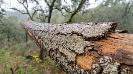 Fototapeta premium Fallen log, forest, rain, moss, decay, nature, texture, background, blurred, wildlife