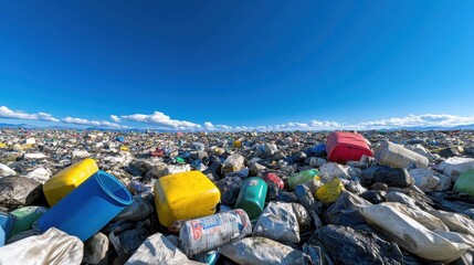 Panoramic photograph of a garbage dump, wideangle perspective, low camera position, clear sky, volumetric lighting, created using Unreal Engine, hyperrealistic, high resolution
