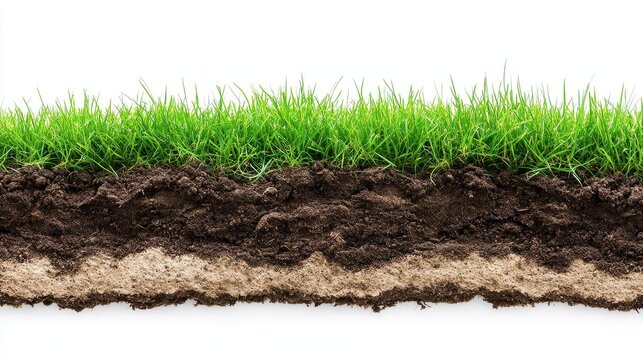 Photo of a crosssection view of soil with grass on a white background, representing the underground layers and vegetation in nature Web banner with copy space on the left side