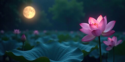 Lotus flowers sway gently in the moon's soft light, purring, soothing