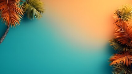 Fototapeta premium Alluring tropical paradise with curved palm fronds arching from both sides set against a soft sandy gradient center and a vibrant sunset sky The serene