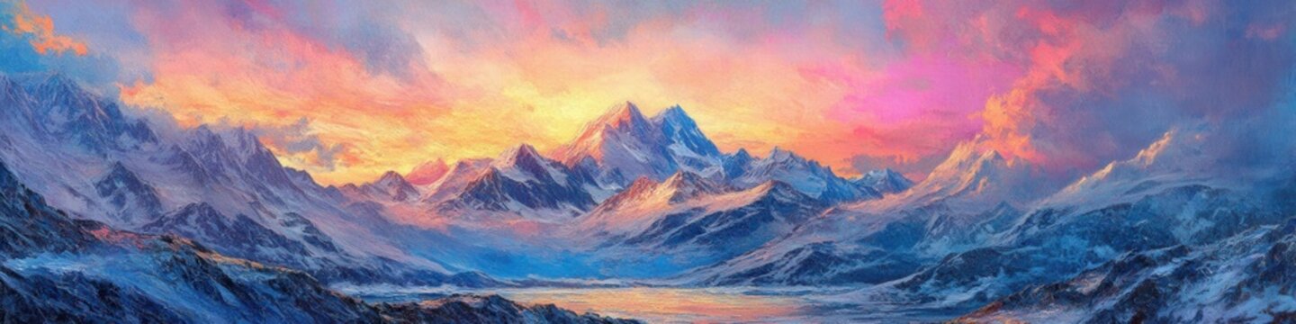 Alpenglow at Sunset on Mt Denali in Alaska. Panoramic View of US Mountain