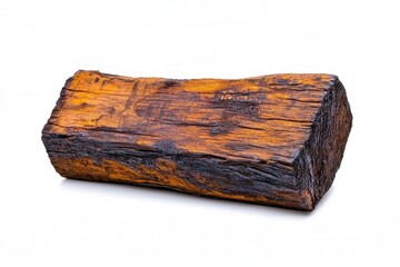 Realistic photograph of an old, charred piece of wood, isolated against a white background, high resolution, ultrarealistic, photographic quality