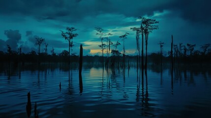 Amazon Basin. Sunset Silhouette in Laguna Grande, Cuyabeno Wildlife Reserve, Ecuador