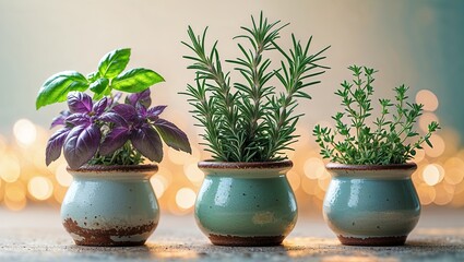 Obraz premium Green indoor herb garden with basil, rosemary, and thyme in decorative pots on a wooden table