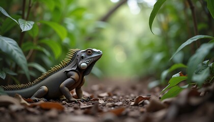 Obraz premium Graceful iguana resting in lush forest, nature conservation concept