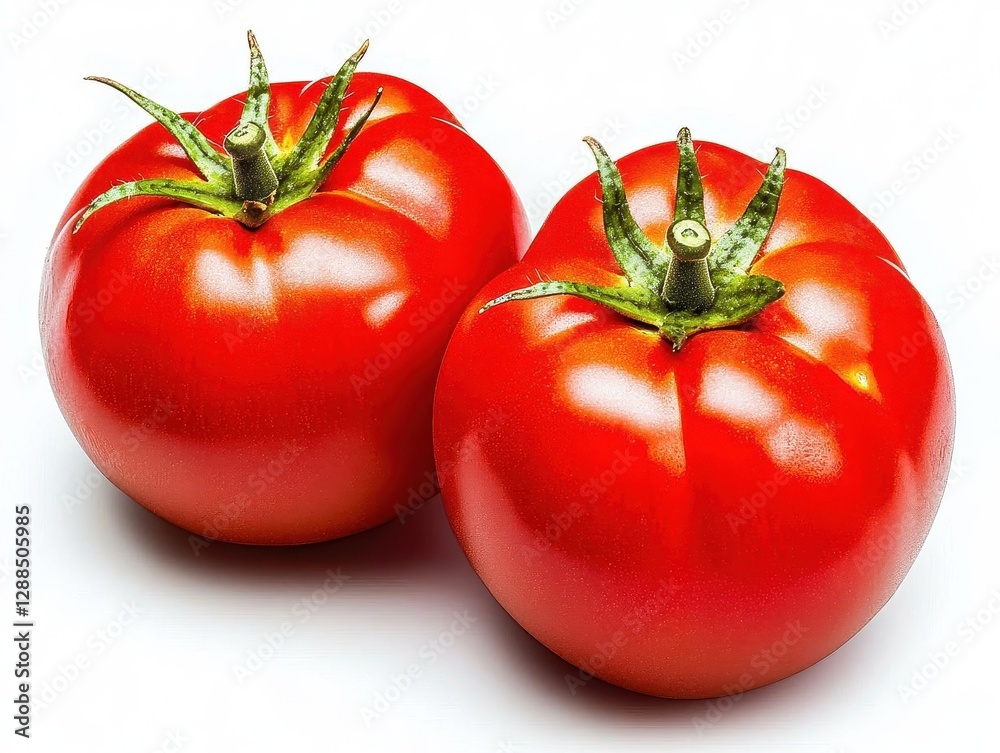 Poster two fresh tomatoes isolated on a white background with a clipping path, highdefinition stock photo