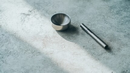 Vaping device on a smooth concrete surface with a small metallic bowl. Featuring sleek modern design and calm