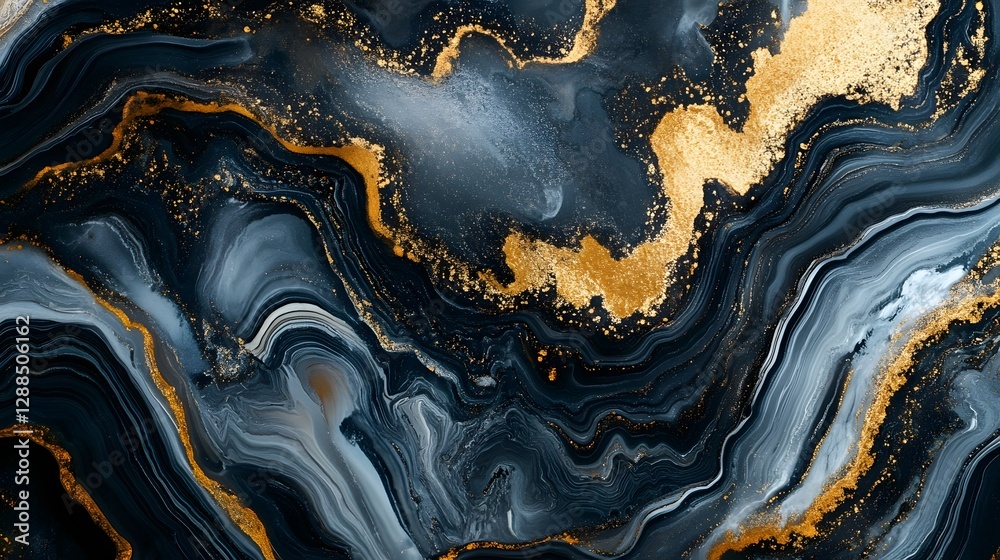 Poster stunning swirling abstract agate mineral textured background in elegant gold blue and black tones wi