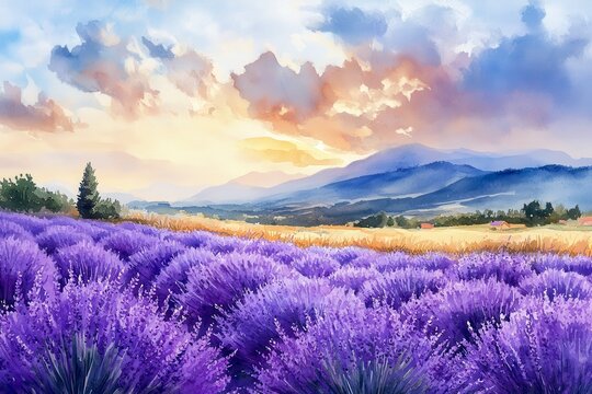 Lavender Field at Sunrise Watercolor Painting