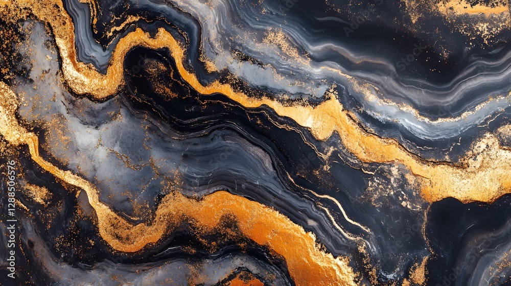 Poster Stunning vibrant marbled abstract background with golden glowing fractal patterns  Luxurious and glamorous decorative created with fluid agate geode
