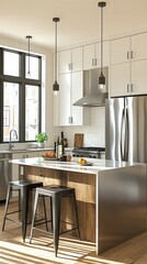 Fototapeta premium Elegant kitchen featuring a table and chairs perfect for family gatherings and meal sharing moments