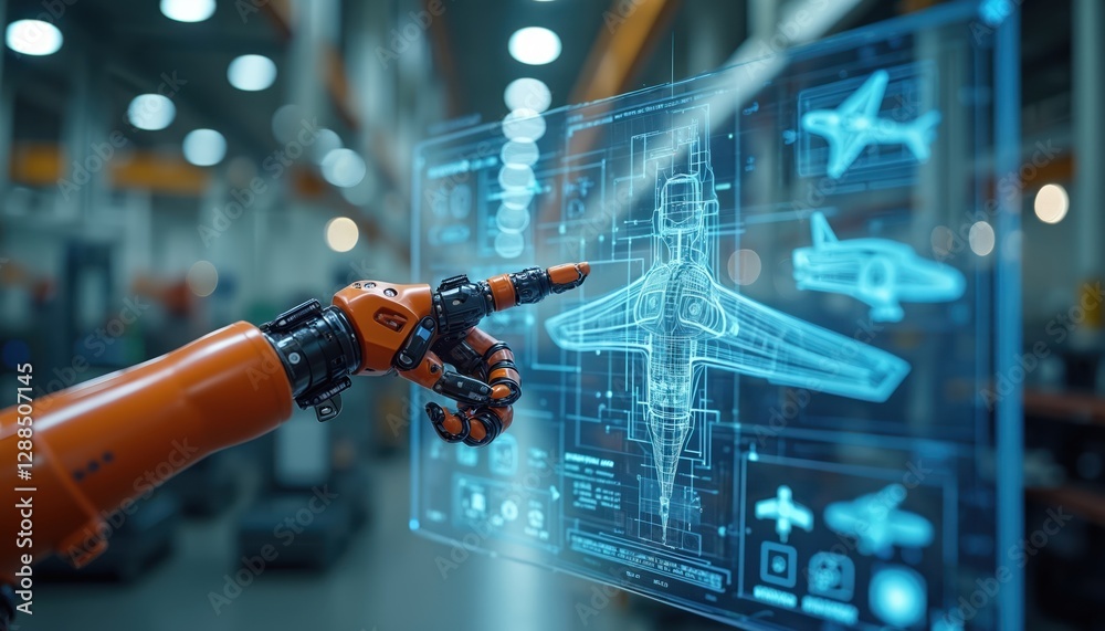 Fototapete orange robotic arm interacts with virtual interface screen, managing airplane schematics in industri