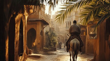 A whimsical journey: Man on donkey meanders down a charming street, a picturesque moment of simple travel and rustic charm. This evocative image      