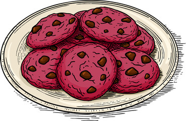 Illustration of Red Velvet Cookies with Chocolate Chips in Vector Art Style, Highlighting a Delicious and Soft Baked Dessert