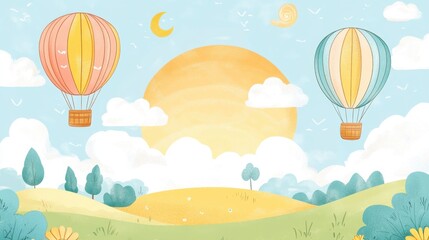A colorful scene of hot air balloons floating in a sunny sky over rolling hills and trees.