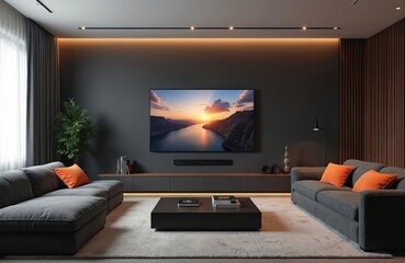 Fototapeta premium Modern living room interior design with TV screen on wall. Gray couch with orange pillows. Minimalist home theatre, audio system, speakers. Cozy apartment, relax zone. Contemporary luxury dark