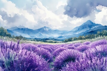 Lavender Field at the Foot of Mountains under Cloudy Sky