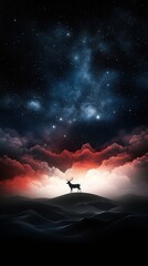 Fototapeta premium Mystical Deer Silhouette Under Starry Sky: A Tranquil Night in the Vast Cosmic Landscape.Minimalist Mobile Background 9:16