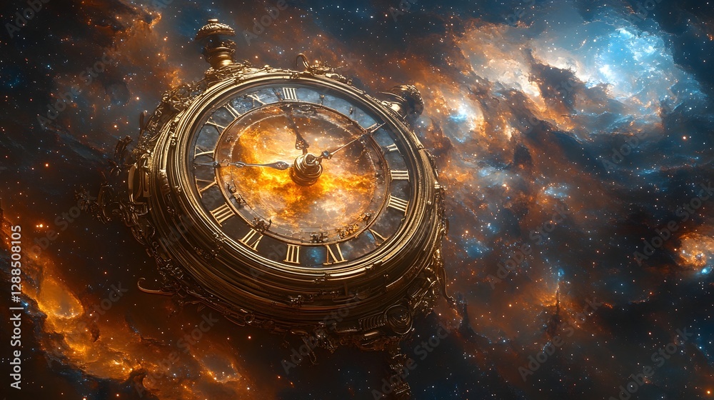 Poster surreal and mesmerizing image of an antique vintage style clock floating amidst a captivating cosmic