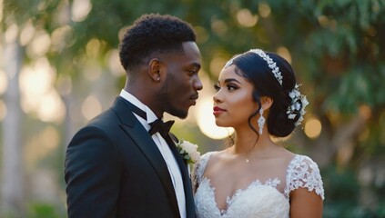 Loving Couple, Wedding Portrait, Park Setting, Golden Hour