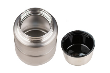Stainless steel thermos for food and drink isolated on white background. Thermal dishes for hot breakfasts and lunches.