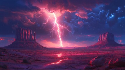 Dramatic lightning storm over desert landscape with towering mesas and vivid red and blue skies. Nature's power and beauty concept