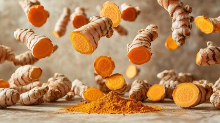 Fresh Turmeric Root and Powder Exploding in Air - Healthy Food Concept