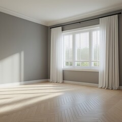 Fototapeta premium An unfurnished and empty living room with gray walls and wooden floor