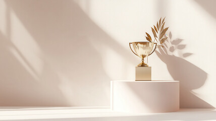 gold trophy on pristine white podium with soft shadows creates elegant atmosphere