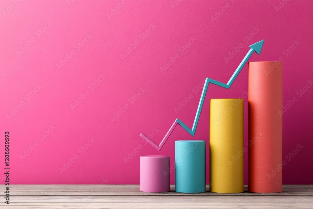 Poster growing bar chart and ascending arrow symbolizing increasing business success on pink background