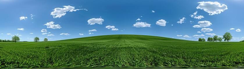 Fototapeta premium A vibrant landscape featuring lush green fields under a clear blue sky adorned with fluffy white clouds, creating a serene and picturesque scene.