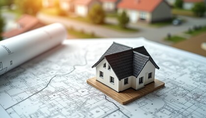 Model house over cadastral map, blueprint. Concept of construction, building, real estate, zoning regulations. New residential area, open land. Property tax, building permit, homeownership