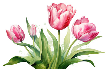 Fototapeta premium Watercolor pink tulip flower illustration with a single bloom and vibrant green leaves