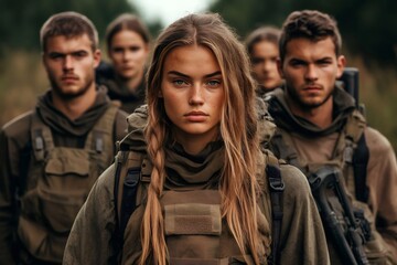 Fototapeta premium Group of soldiers standing together in forest, female soldier leading the way