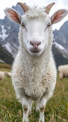 Obraz premium Fluffy white sheep stares, mountain pasture, grazing. Stock photo for nature, farming
