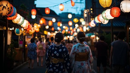Obraz premium A festival street in Japan during Tanabata, filled with vibrant decorations, long flowing streamers, and people in traditional yukata enjoying the summer night, lanterns glowing warmly above.