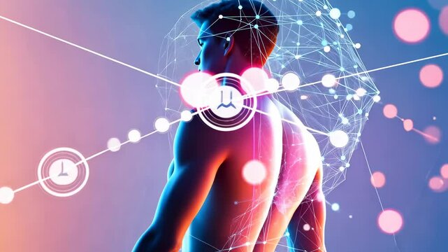Futuristic human silhouette surrounded by abstract technology and glowing elements in a vibrant setting