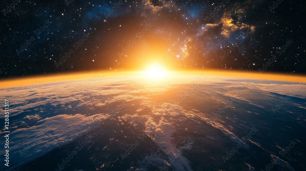Poster Sunrise over earth from space with glowing horizon and starry sky. Outer space exploration and cosmic wonder concept