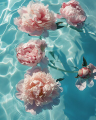 Close-up of a group of pink peonies floating in a water, a group of pink flowers floating in a pool